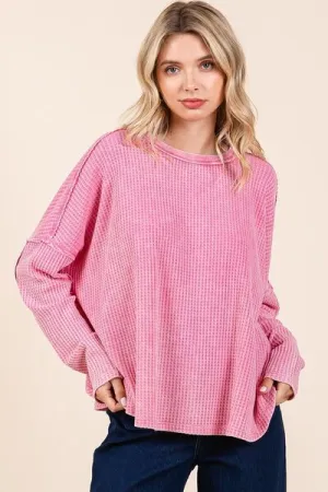 Pink Waffle-Knit Exposed Seam Round Neck Top