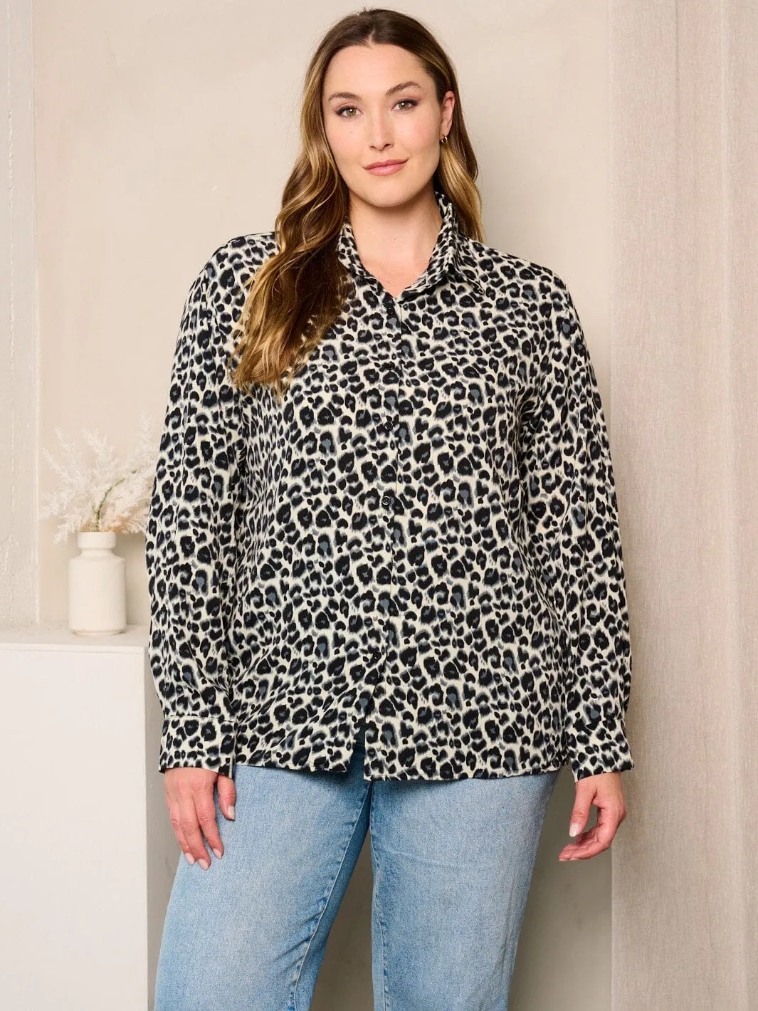 PLUS SIZE LONG SLEEVES BUTTON UP LEOPARD PRINT BLOUSE TOP