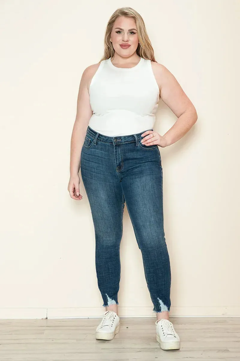 Plus Size Medium Wash High Rise Frayed Hem Stretch Skinny Jeans