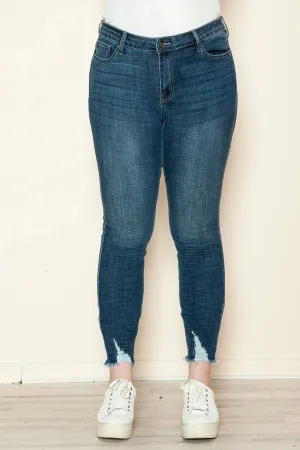 Plus Size Medium Wash High Rise Frayed Hem Stretch Skinny Jeans