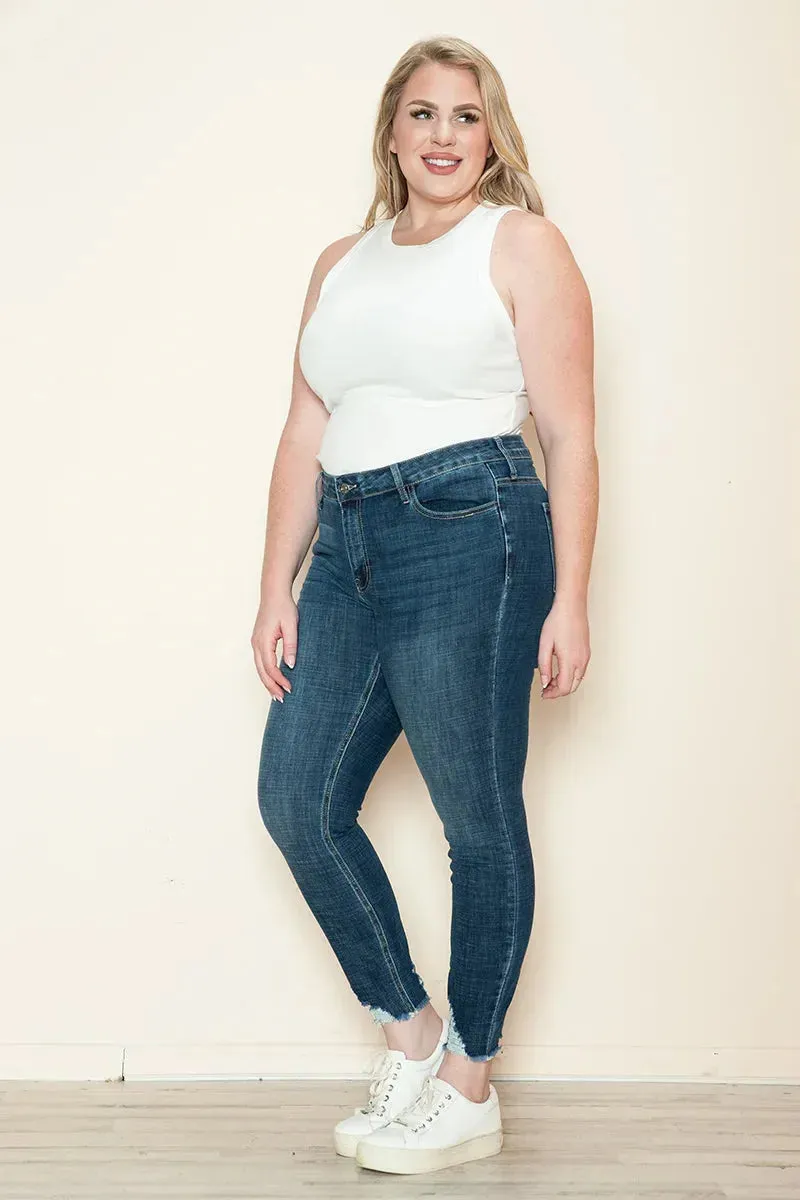Plus Size Medium Wash High Rise Frayed Hem Stretch Skinny Jeans