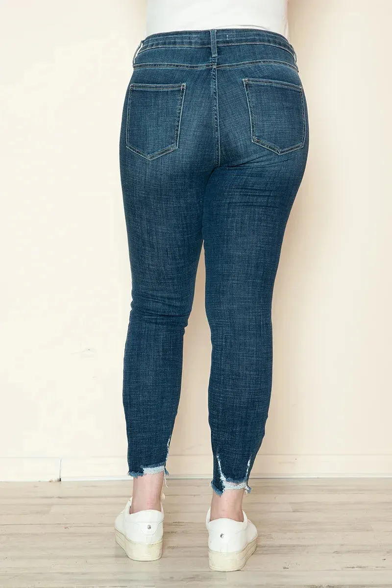 Plus Size Medium Wash High Rise Frayed Hem Stretch Skinny Jeans