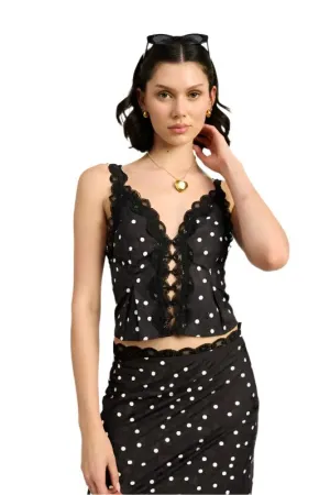 Polka Dot Lace Detail Button Up Cami Top