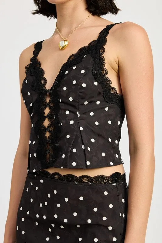 Polka Dot Lace Detail Button Up Cami Top