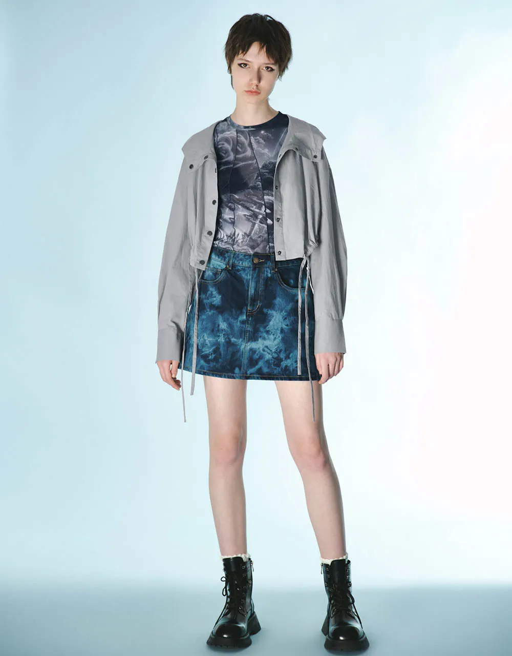 Printed Mini A-Line Denim Skirt