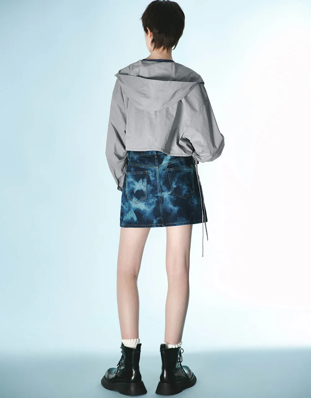 Printed Mini A-Line Denim Skirt
