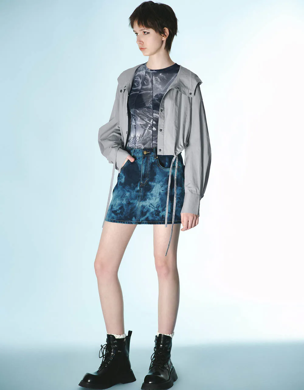 Printed Mini A-Line Denim Skirt