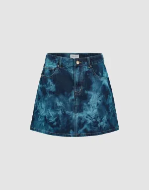 Printed Mini A-Line Denim Skirt