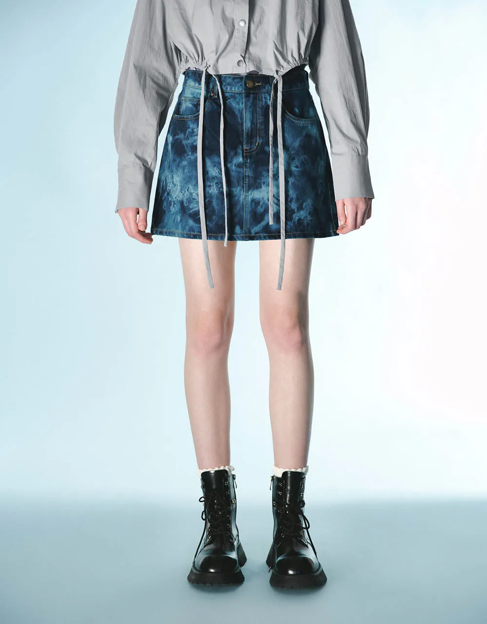Printed Mini A-Line Denim Skirt