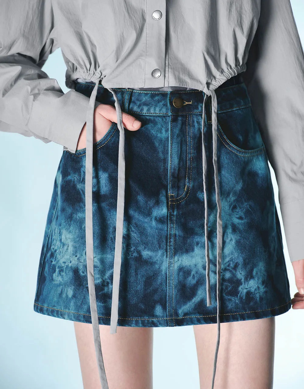 Printed Mini A-Line Denim Skirt