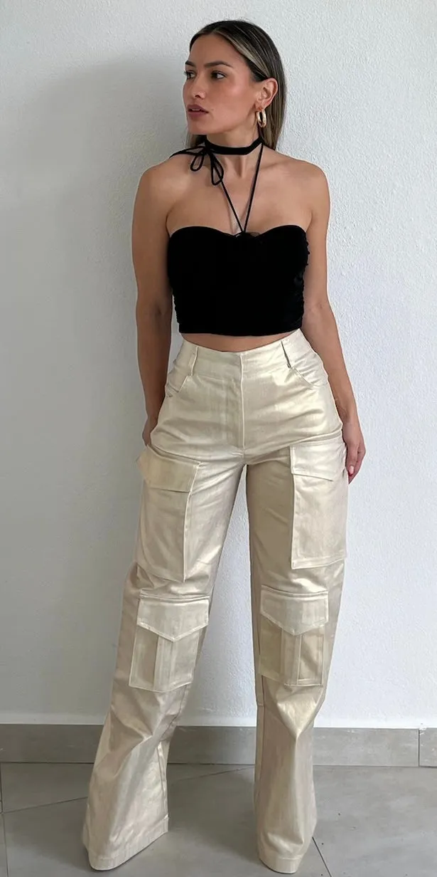 Ready to Vibe Gold Shimmer Cargo Pants