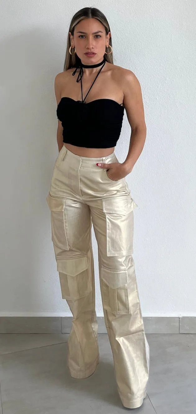 Ready to Vibe Gold Shimmer Cargo Pants