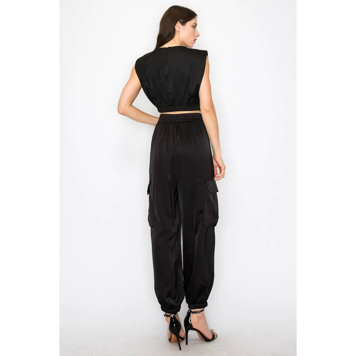Satin elastic waist side pockets cargo pants