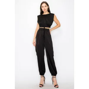Satin elastic waist side pockets cargo pants