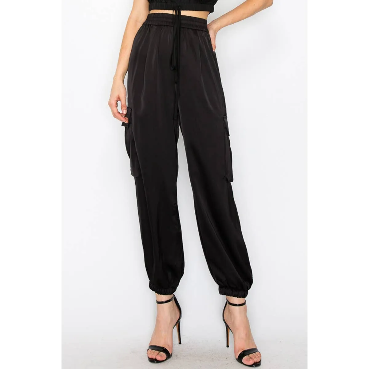 Satin elastic waist side pockets cargo pants