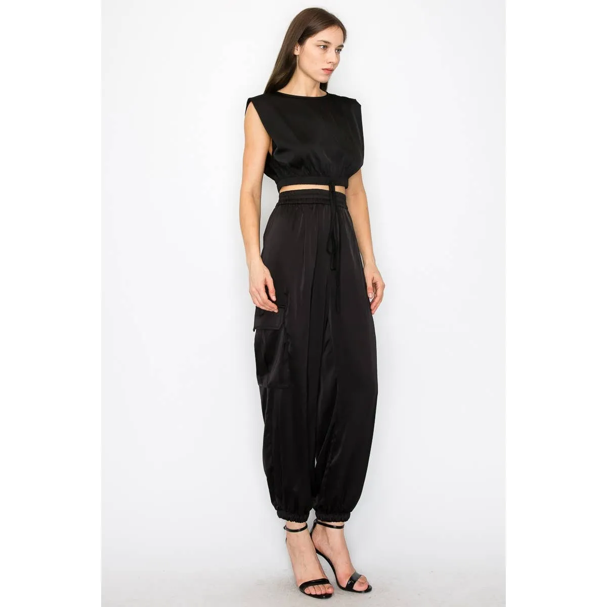 Satin elastic waist side pockets cargo pants