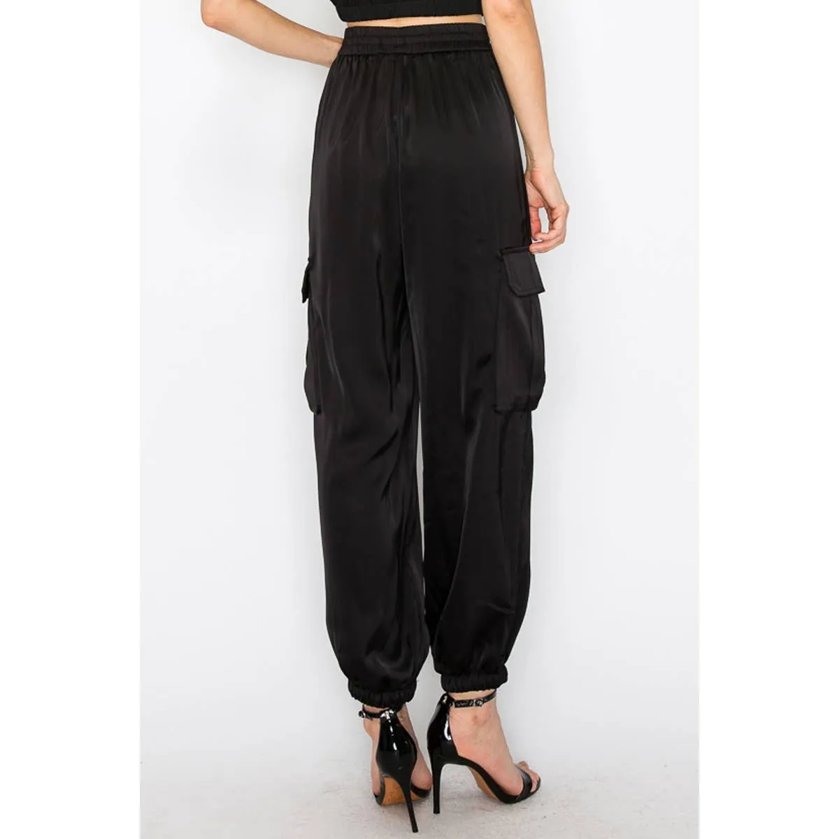 Satin elastic waist side pockets cargo pants
