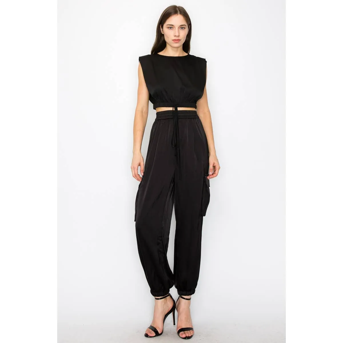 Satin elastic waist side pockets cargo pants