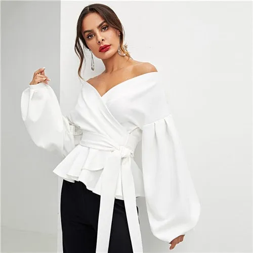 SHEIN White Office Lady Elegant Lantern Sleeve Surplice Peplum Off the Shoulder Solid Blouse Autumn Sexy Women Tops And Blouses