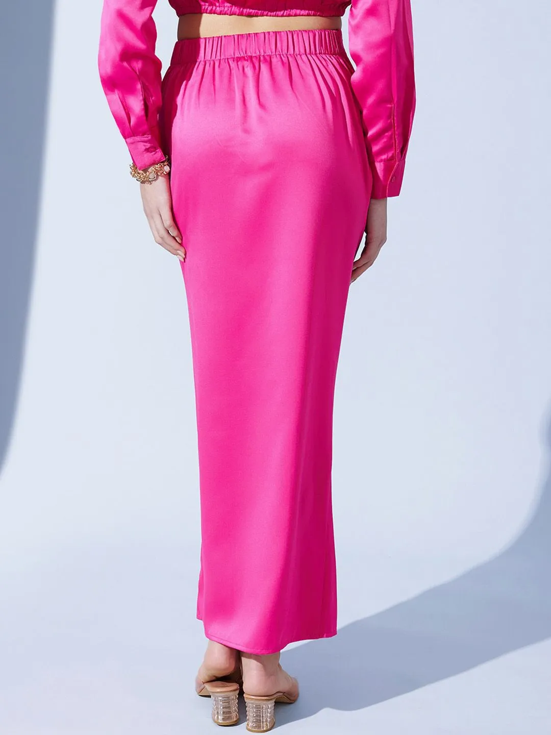 STREET 9 Fuchsia Pleated Satin Pencil Midi Skirt