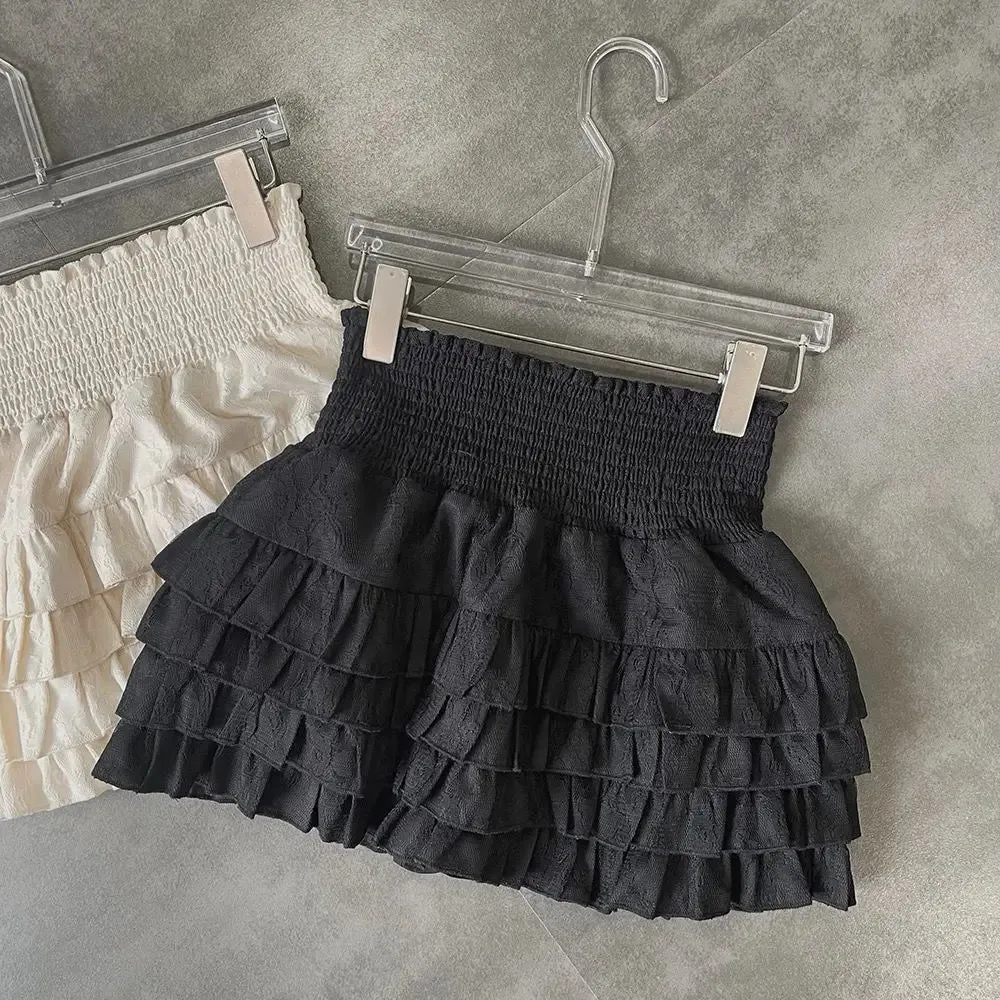 Streetwear Y2k Ruffles Mini Skirts Women Sweet Kawaii High Waist Lace A Line Skirt Summer Korean Fashion Black Ball Gown Skirts