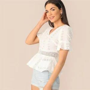 Summer Flounce Sleeve V-Neck Peplum Elegant Top Blouses Boho White Button Front Ruffle Detail Schiffy Lace Blouse Women