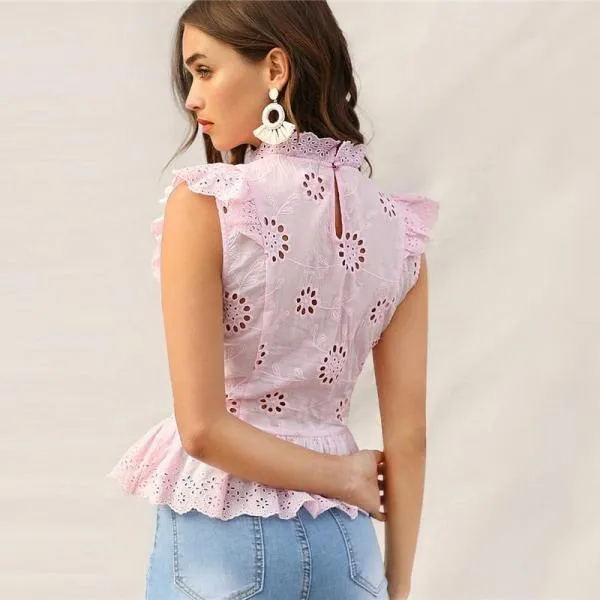 Summer Stand Collar Slim Fitted Boho Blouses Pink Ruffle Trim Lace Eyelet Embroidered Peplum Top Sleeveless Blouse Women