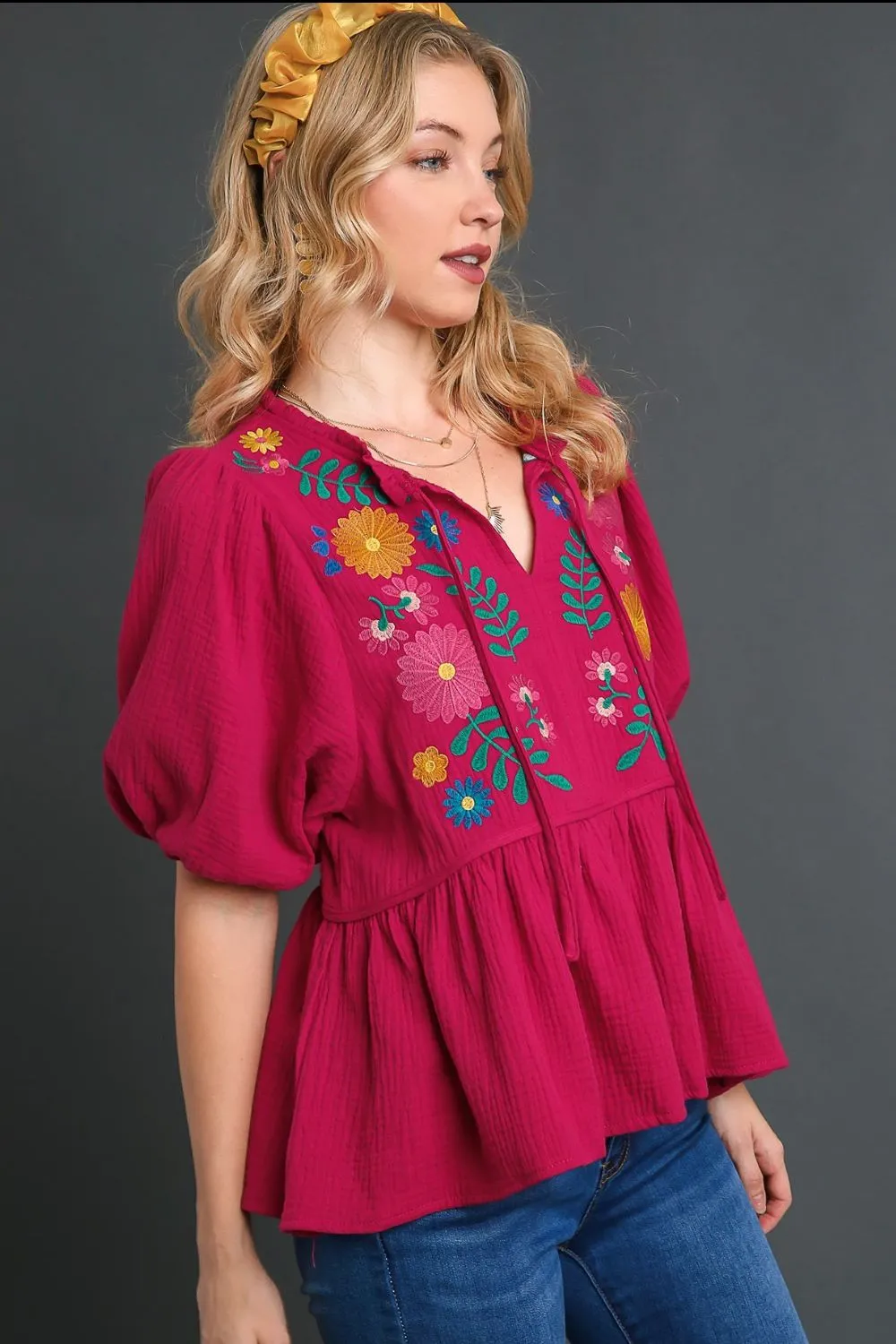Umgee Cotton Gauze Floral Embroidery Babydoll Blouse