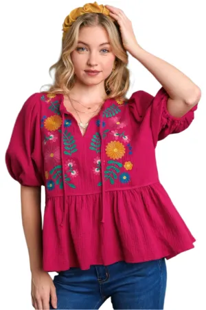 Umgee Cotton Gauze Floral Embroidery Babydoll Blouse