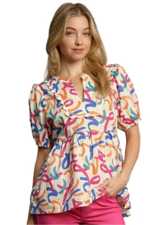 Umgee Mixed Print Puff Sleeve Babydoll Blouse