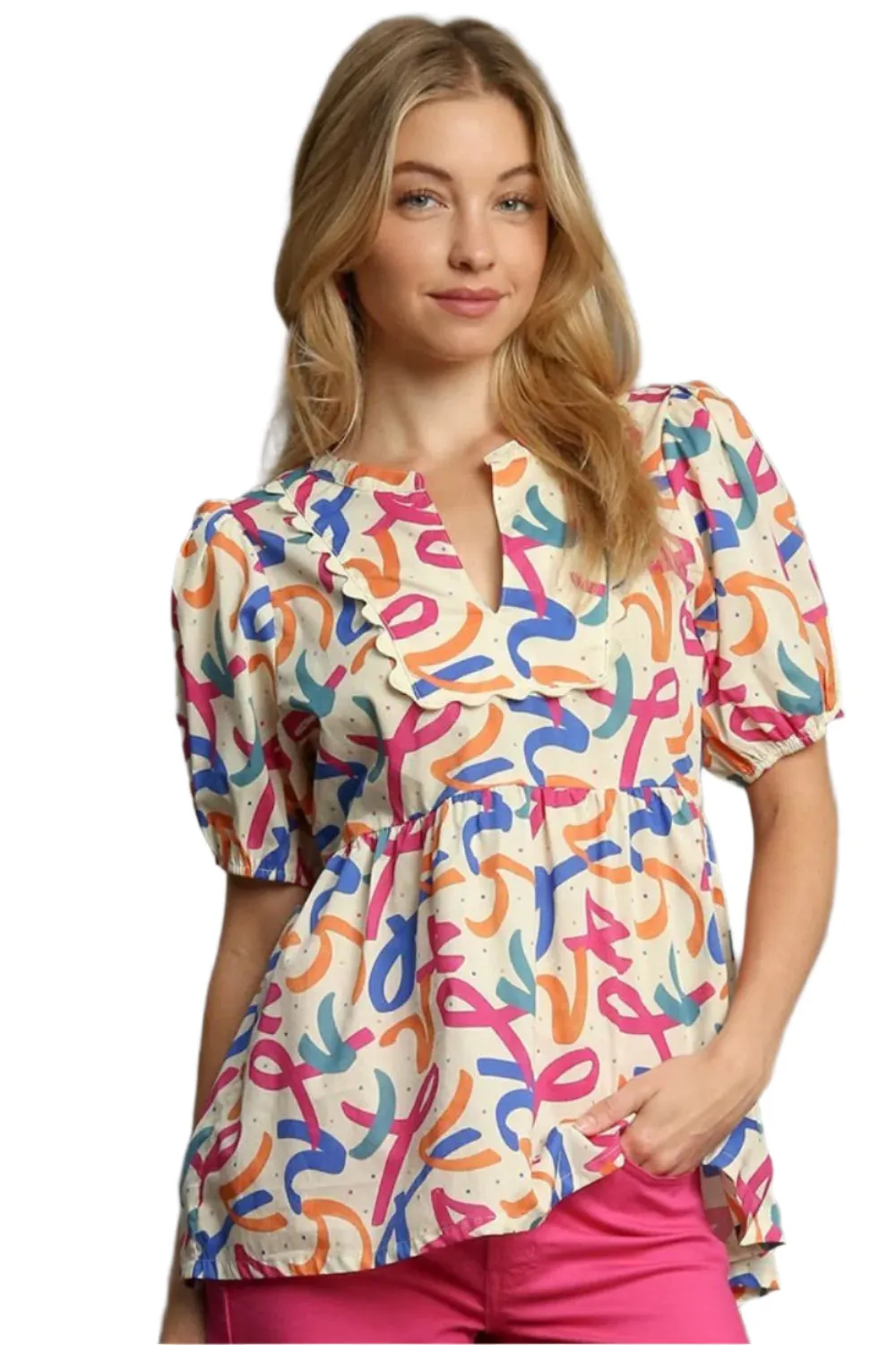 Umgee Mixed Print Puff Sleeve Babydoll Blouse