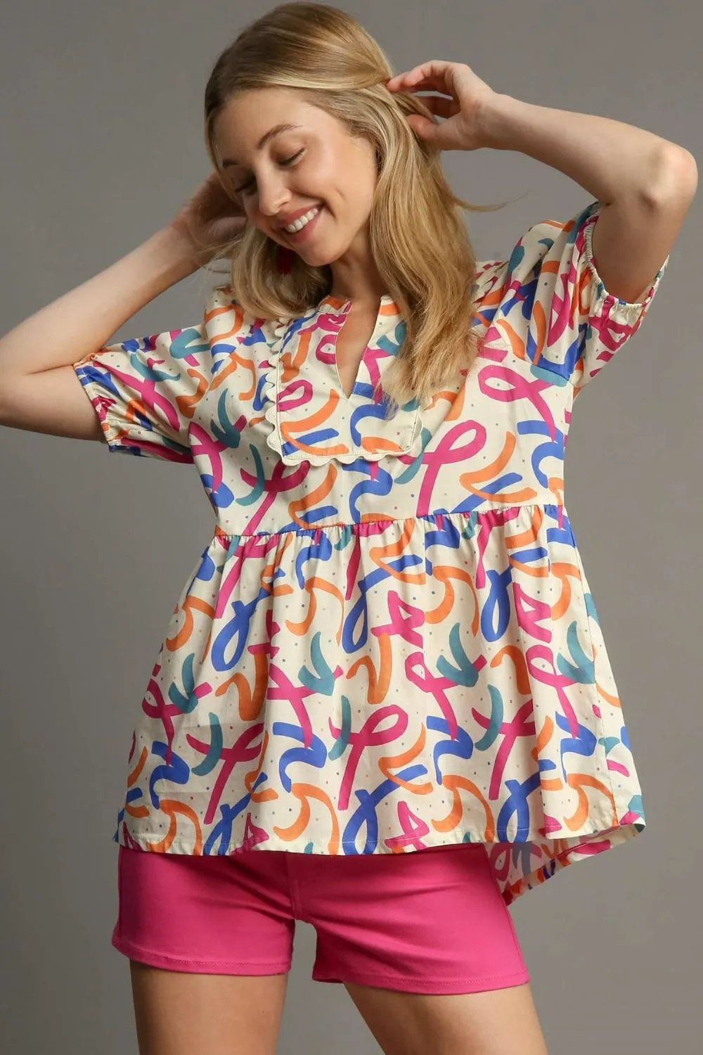 Umgee Mixed Print Puff Sleeve Babydoll Blouse