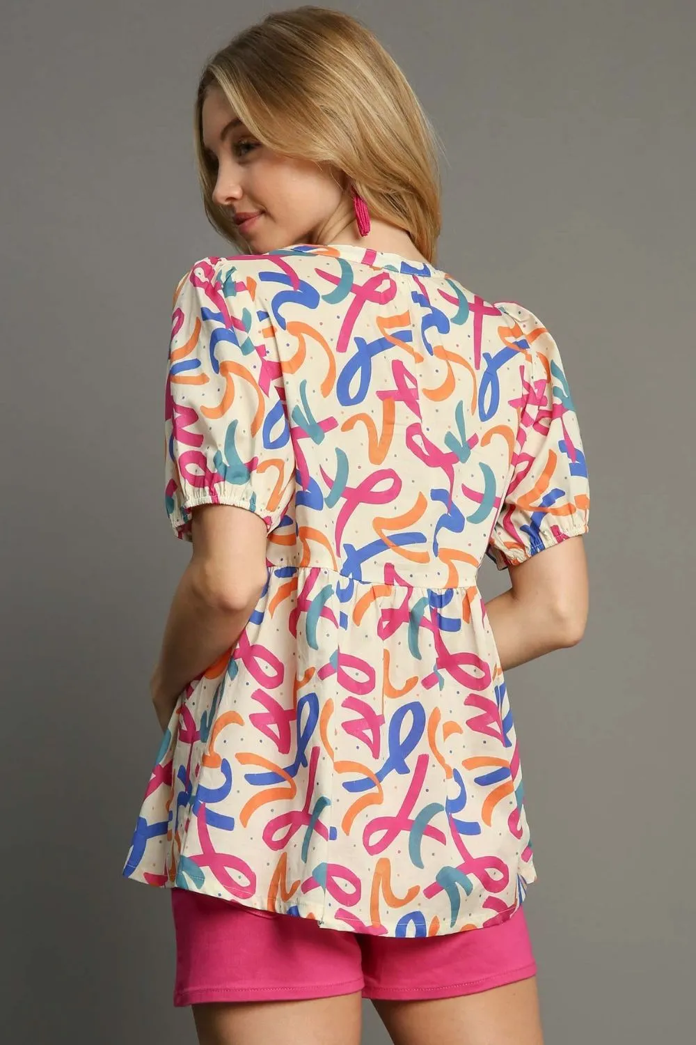 Umgee Mixed Print Puff Sleeve Babydoll Blouse