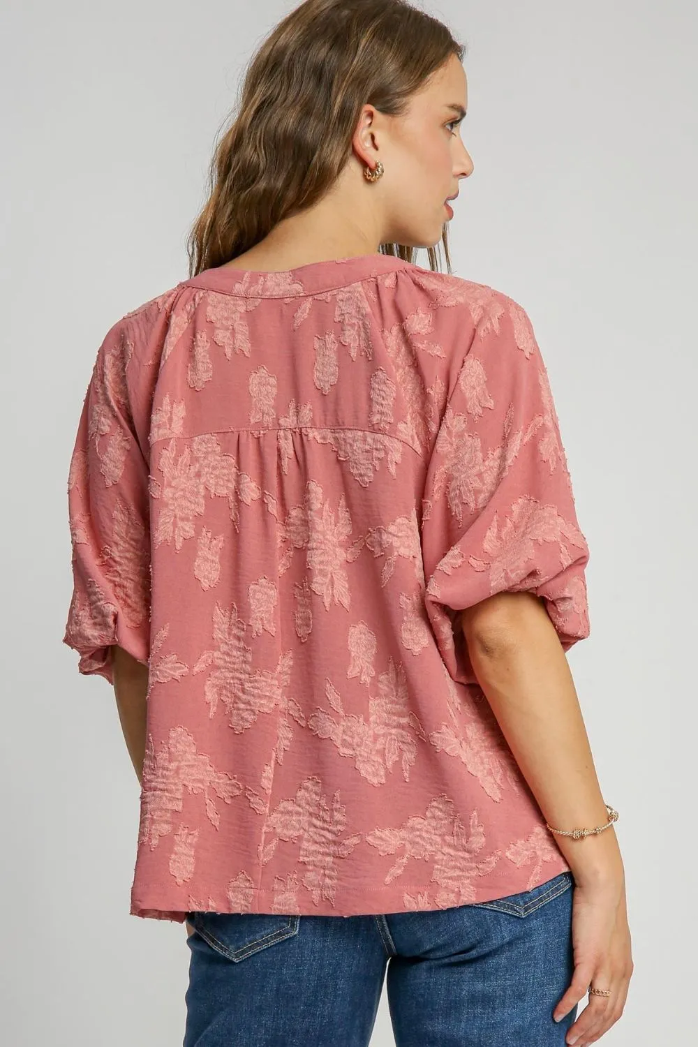 Umgee Notched Button Detail Half Sleeve Blouse