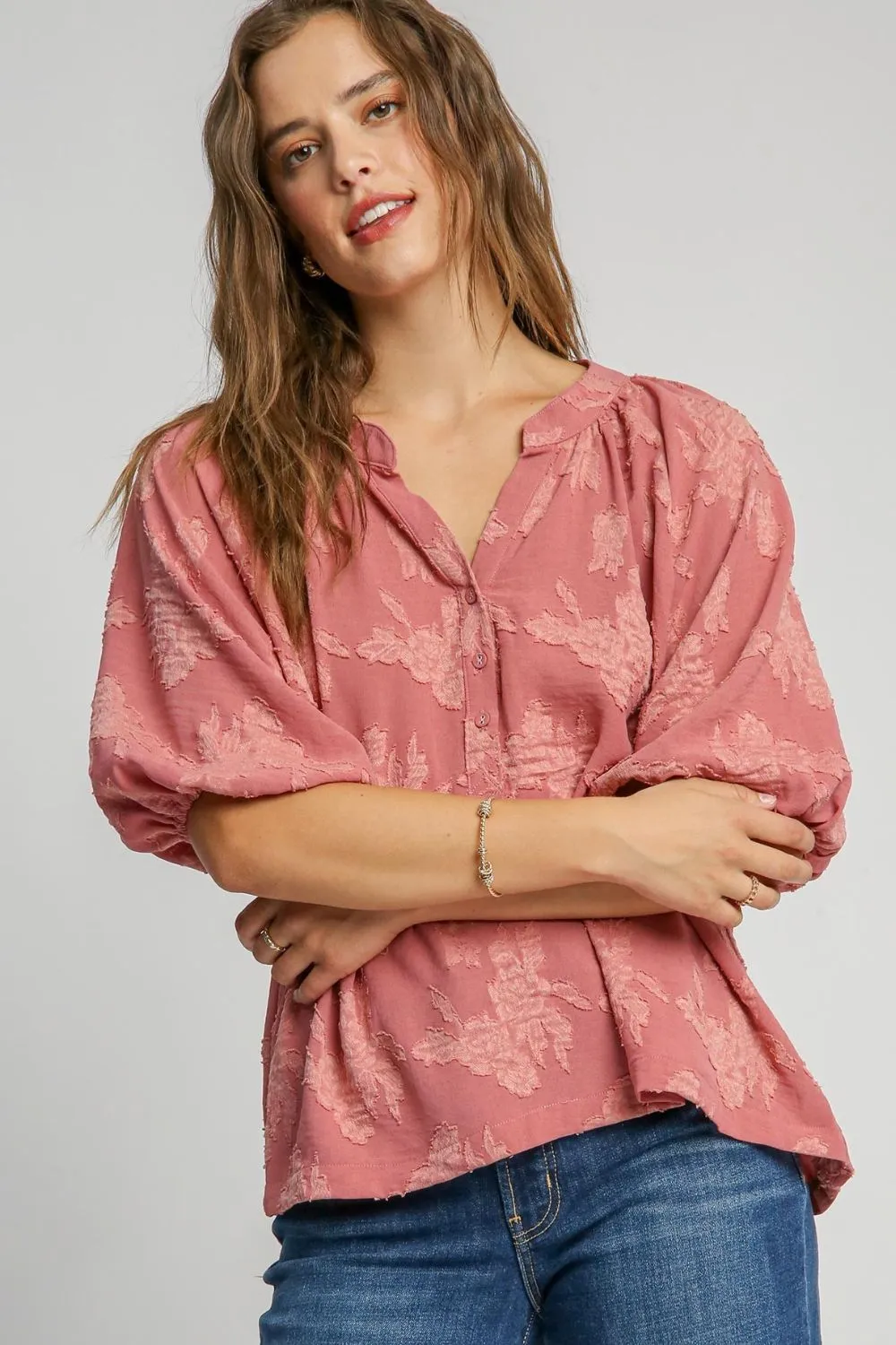 Umgee Notched Button Detail Half Sleeve Blouse