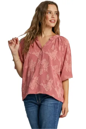 Umgee Notched Button Detail Half Sleeve Blouse