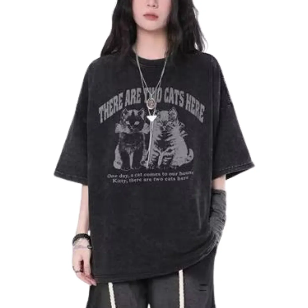 Vintage Cats Print Washed T-Shirt