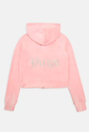'VIRGO' JUICY PINK DIAMANTÉ VELOUR ZIP-THROUGH HOODIE