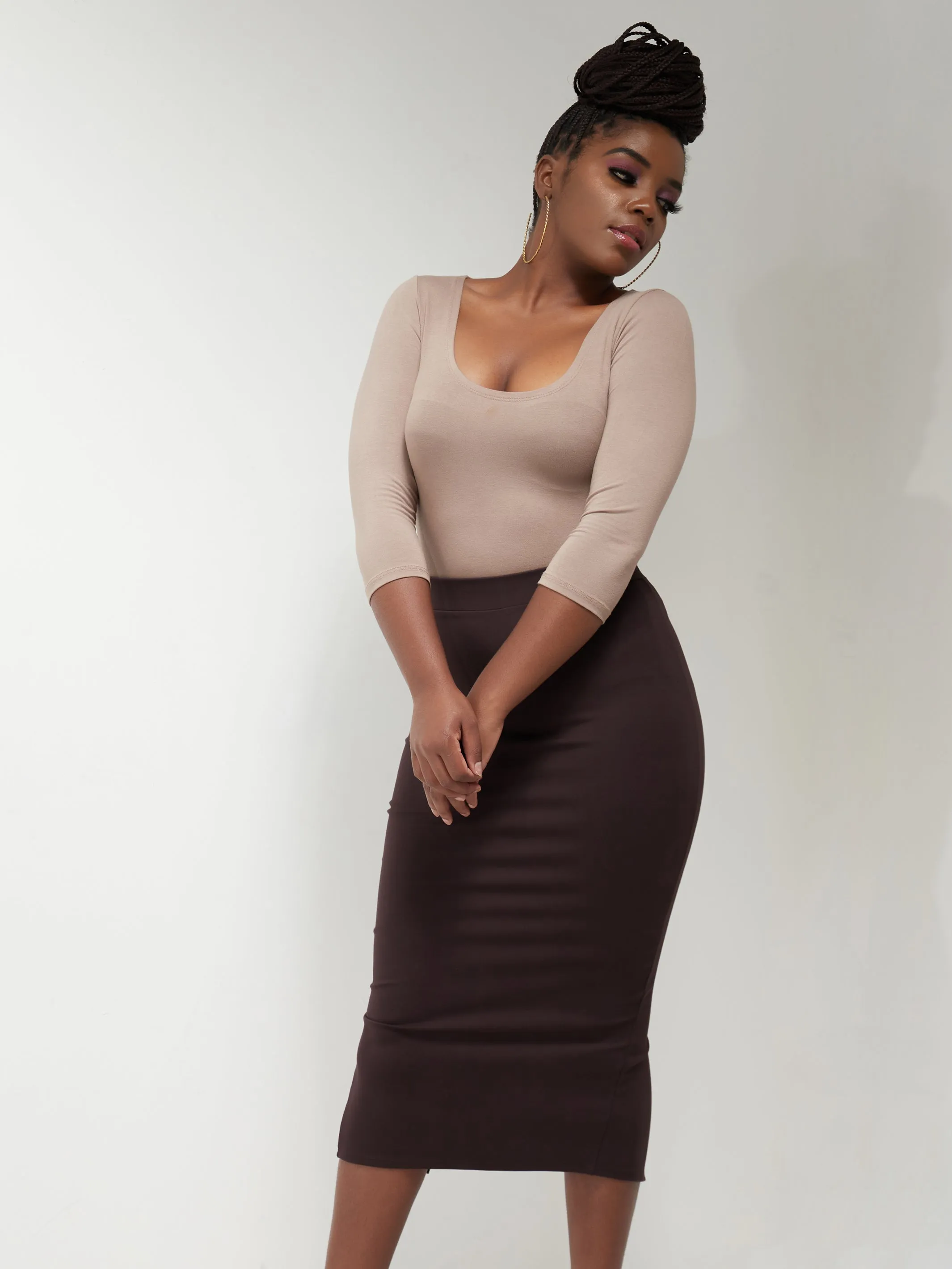 Vivo Basic Midi Pencil Skirt - Brown