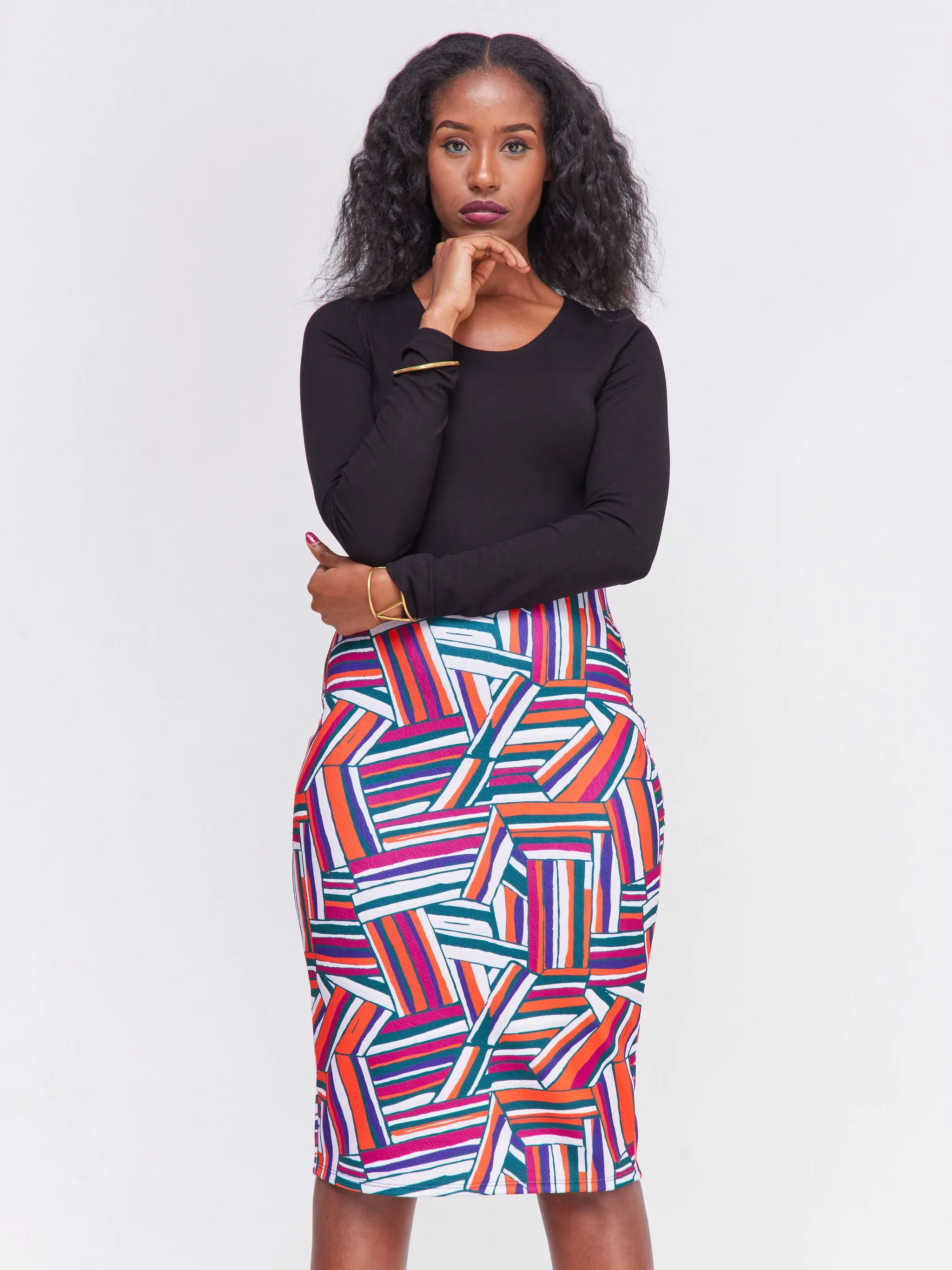 Vivo Hema Pencil Skirt - Dark Green / Orange Abstract Print