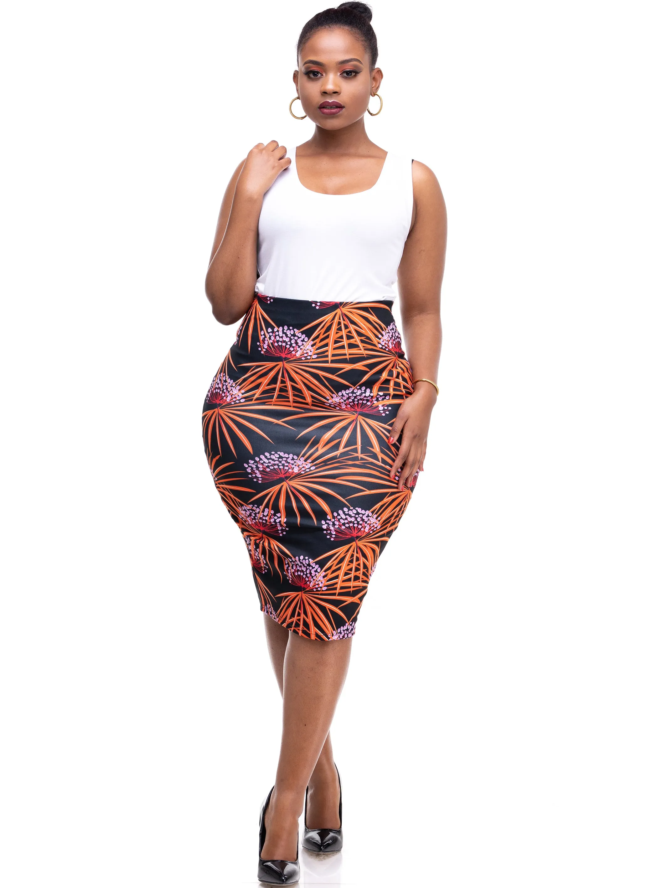 Vivo Tuni Midi Pencil Skirt - Orange Print