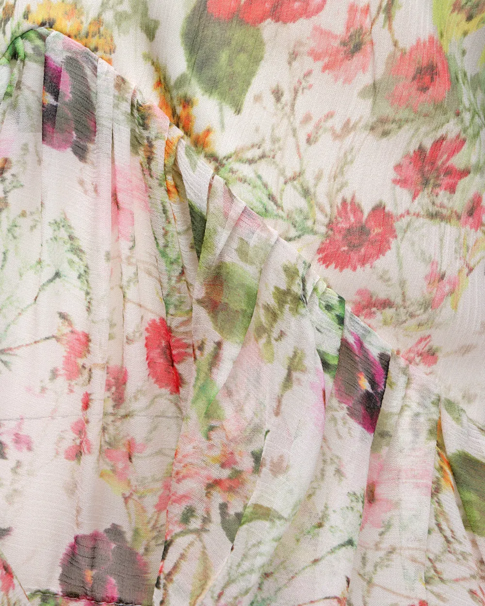 White Floral Chiffon Flounce Hem Blouse