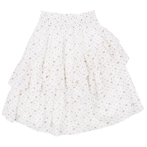 White linen with tiny rose buds tiered skirt by Porter