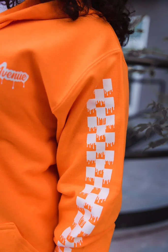 White SA Drip | Neon Orange Zip Up Jacket (Solid Checkered Drippin Sleeves)