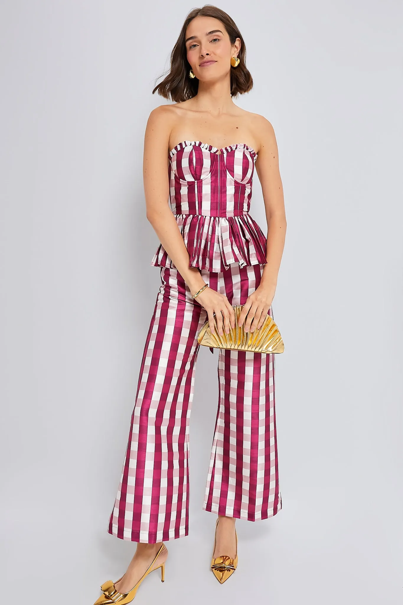 Wine Gingham Charlotte Bustier with Three Way Sleeve