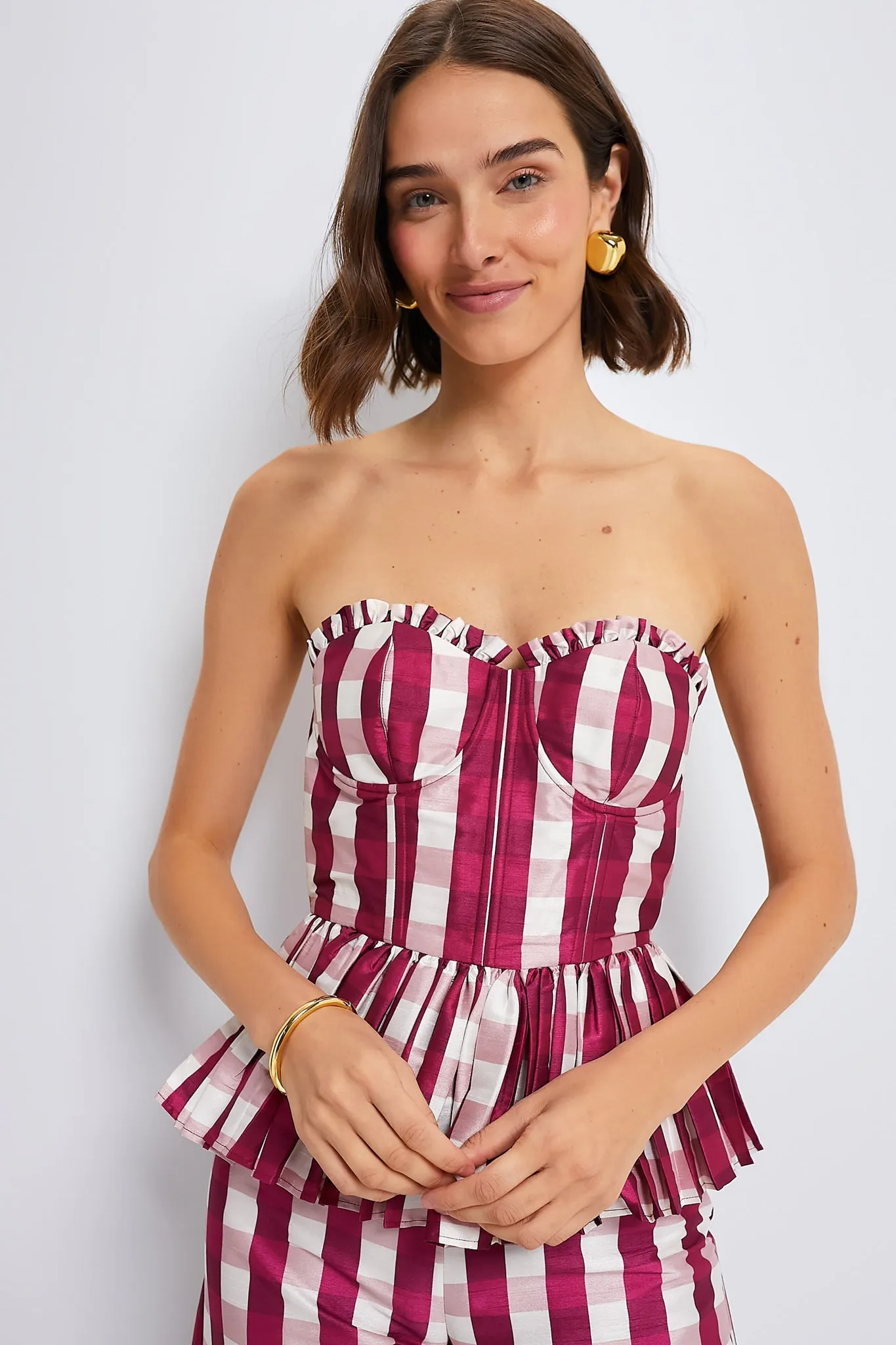 Wine Gingham Charlotte Bustier with Three Way Sleeve