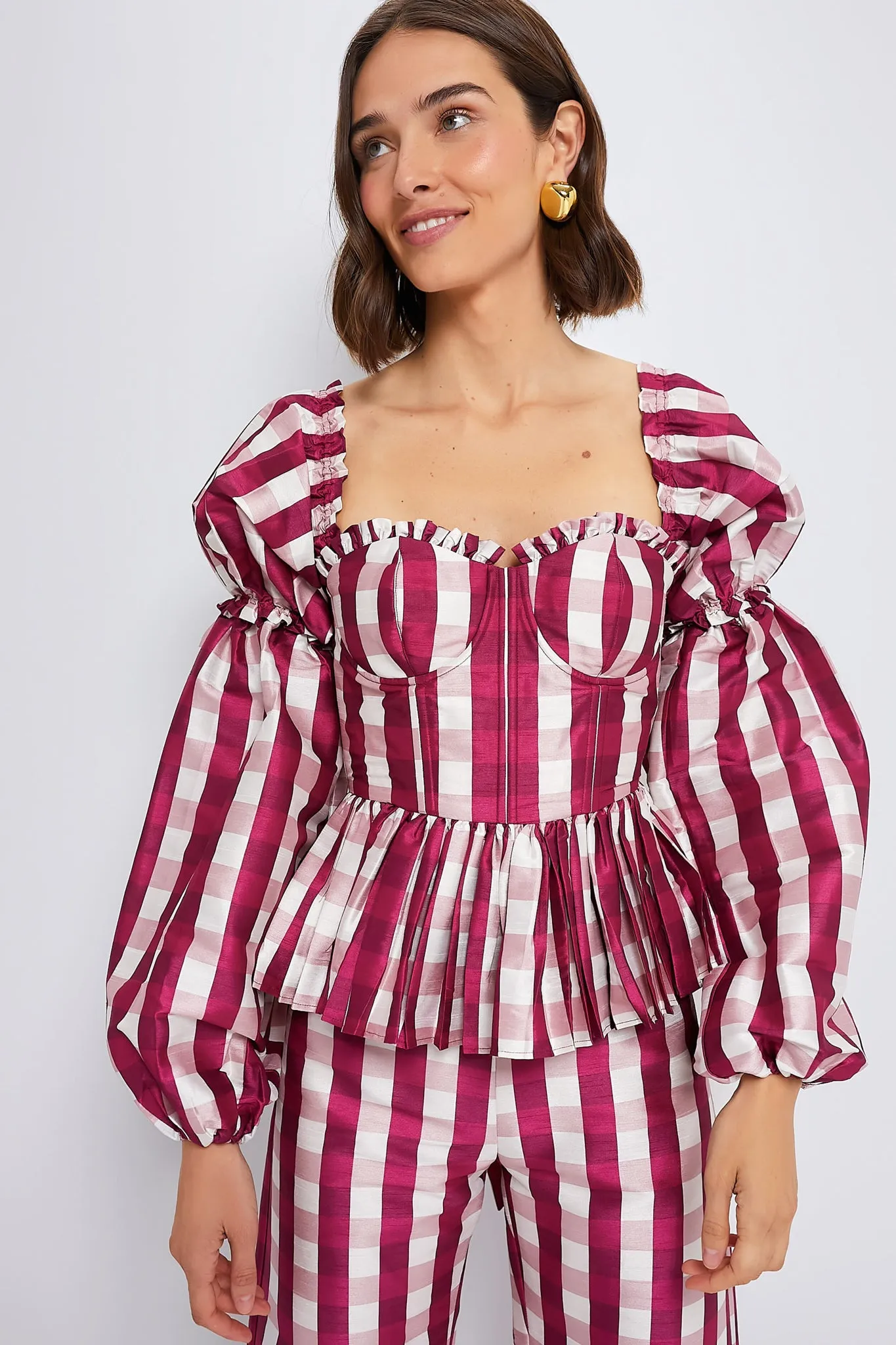 Wine Gingham Charlotte Bustier with Three Way Sleeve