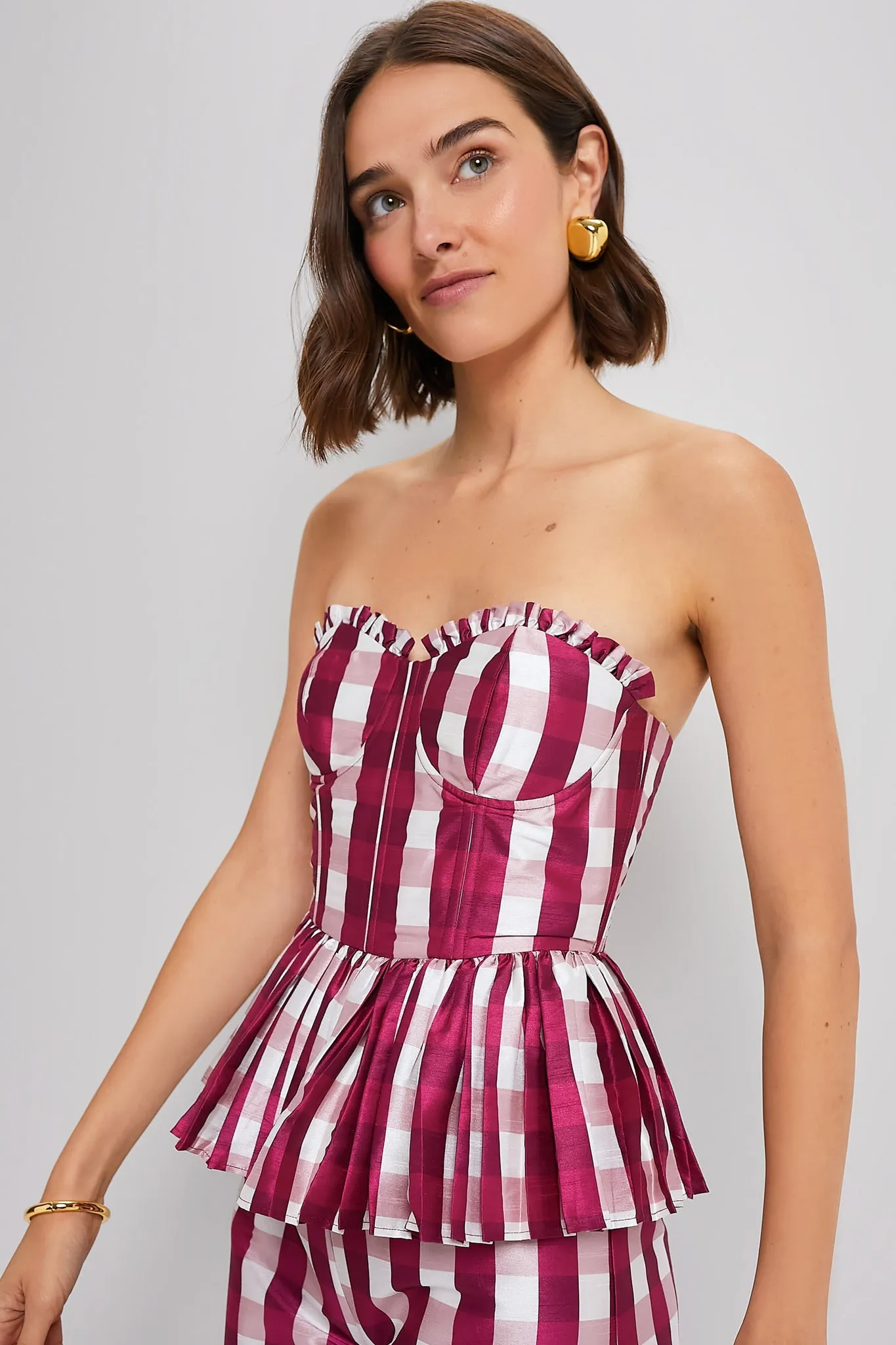 Wine Gingham Charlotte Bustier with Three Way Sleeve