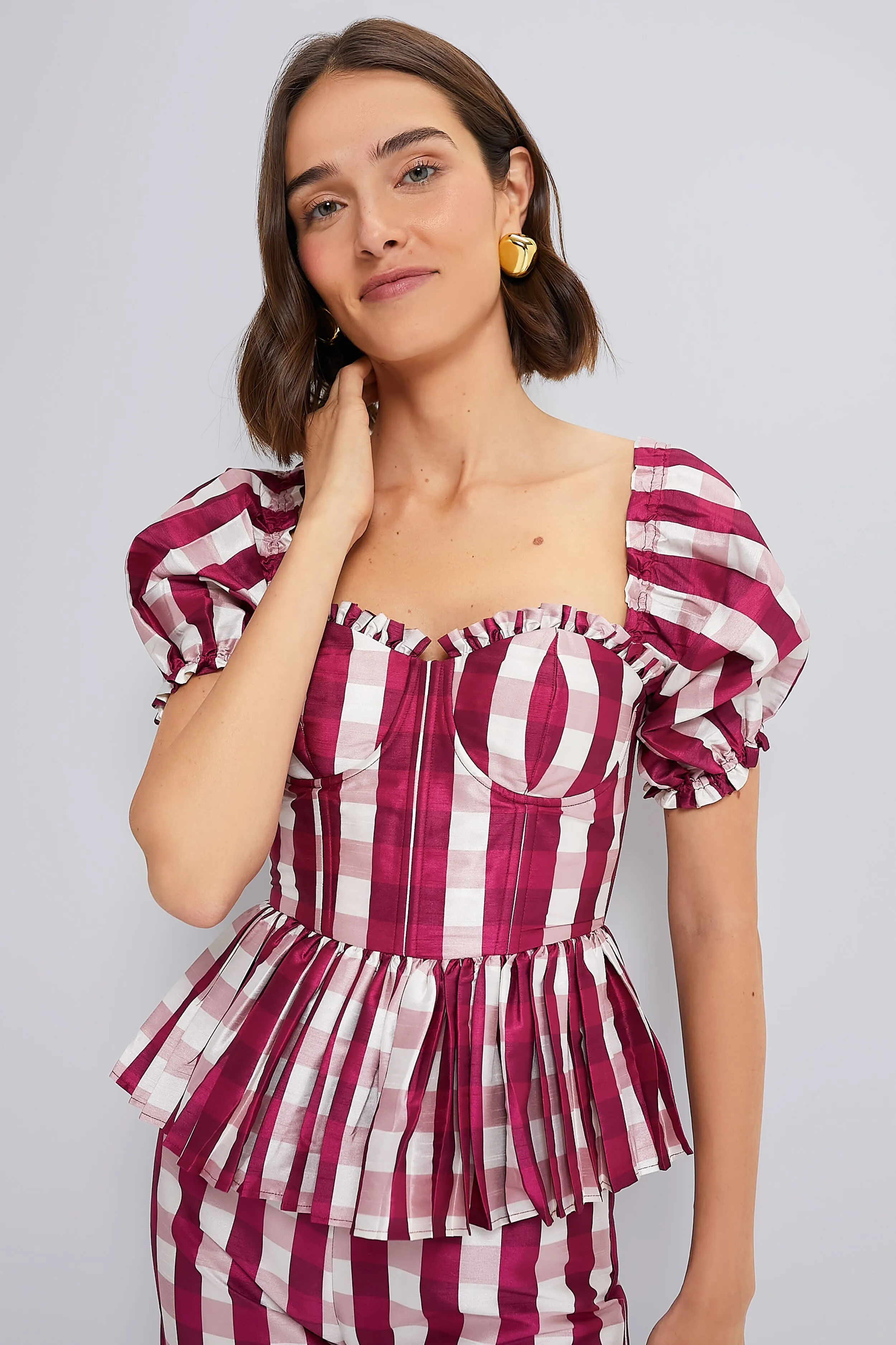 Wine Gingham Charlotte Bustier with Three Way Sleeve