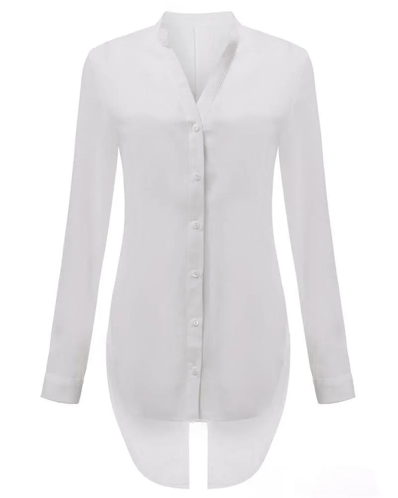 Women Back Split Long Sleeve Chiffon Blouses Shirt V-Neck Button Decoration Tops S --4XL